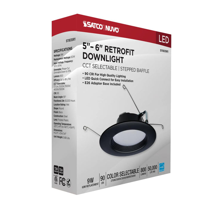 Downlight Retrofit Satco S11835R1 9 Watt - LED Downlight Retrofit - 5-6 Inch - CCT Selectable - 120 Volts - Black Finish Satco
