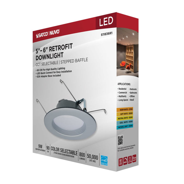 Downlight Retrofit Satco S11836R1 9 Watt - LED Downlight Retrofit - 5-6 Inch - CCT Selectable - 120 Volts - Brushed Nickel Finish Satco