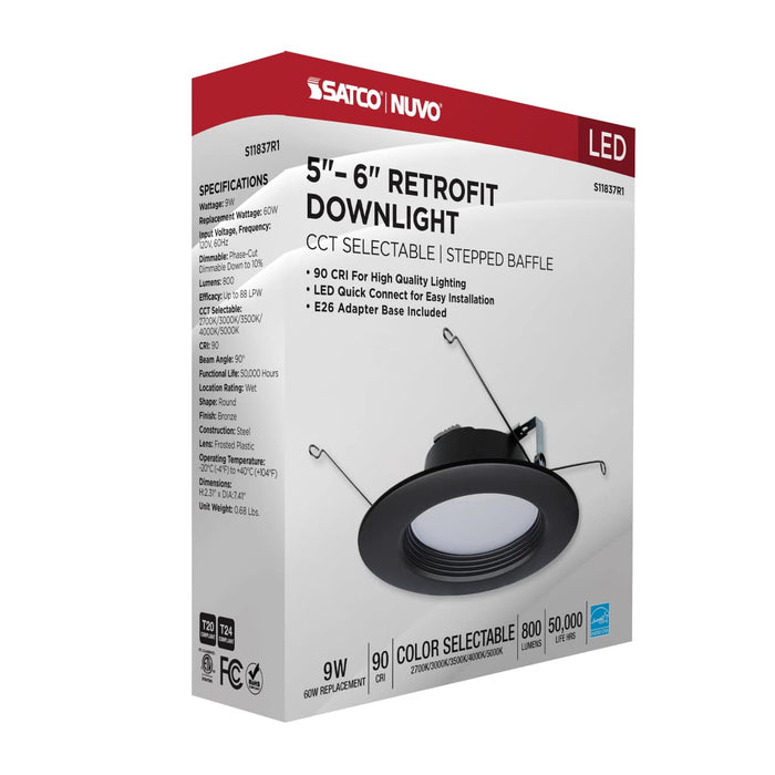 Downlight Retrofit Satco S11837R1 9 Watt - LED Downlight Retrofit - 5-6 Inch - CCT Selectable - 120 Volts - Bronze Finish Satco