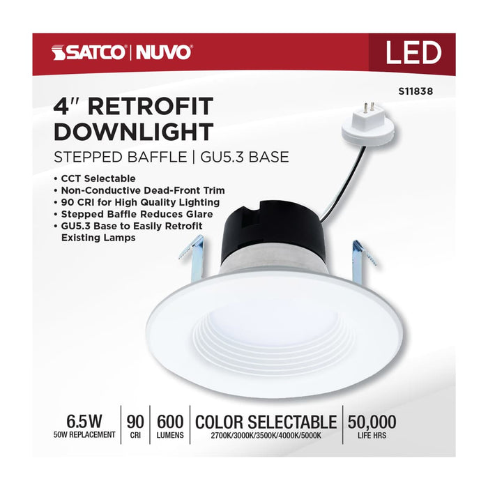 Downlight Retrofit Satco S11838 6.5 Watt LED Downlight Retrofit - 4 Inch Baffle - CCT Selectable - 12 Volts - Matte White Finish Satco