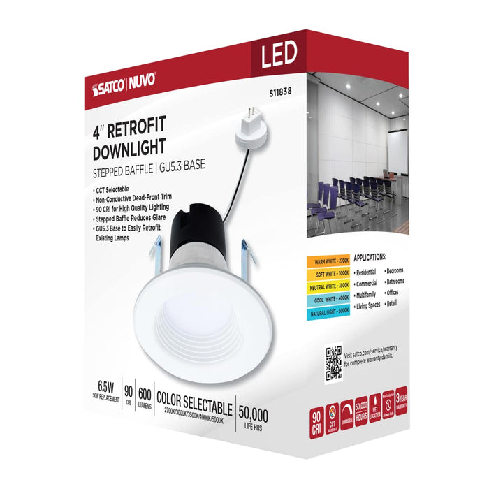 Downlight Retrofit Satco S11838 6.5 Watt LED Downlight Retrofit - 4 Inch Baffle - CCT Selectable - 12 Volts - Matte White Finish Satco