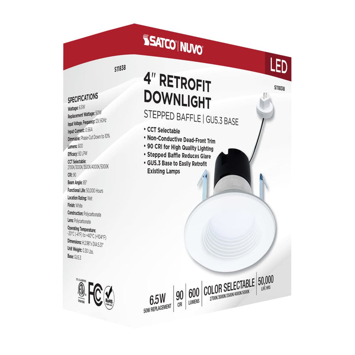 Downlight Retrofit Satco S11838 6.5 Watt LED Downlight Retrofit - 4 Inch Baffle - CCT Selectable - 12 Volts - Matte White Finish Satco