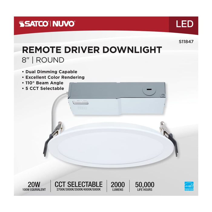Direct Wire LED Downlight Satco S11847 20 Watt - 8 Inch LED Direct Wire Downlight - Remote Driver - CCT Selectable - Dual Dimming - Flat Face - Round - White Finish Satco