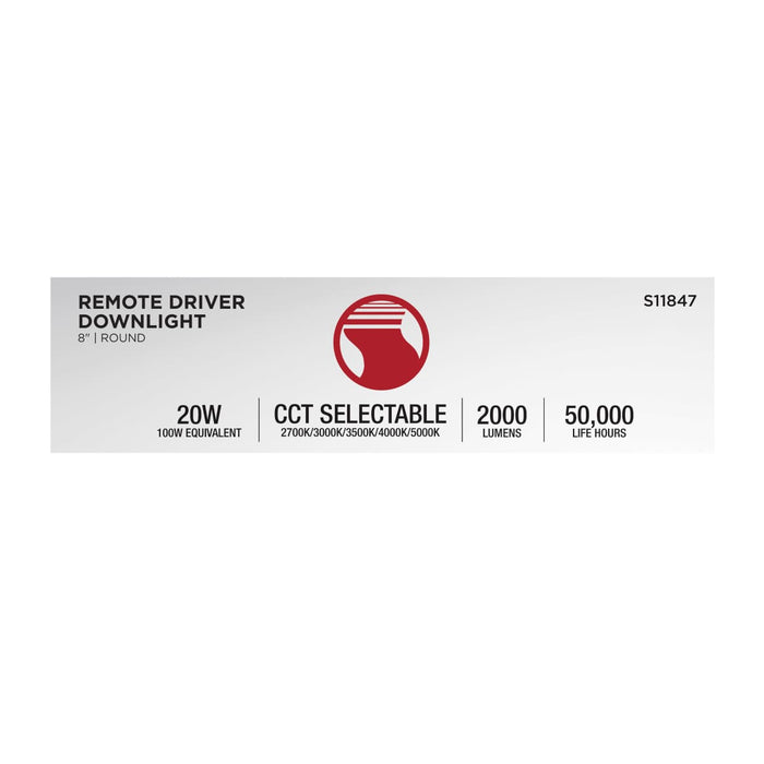 Direct Wire LED Downlight Satco S11847 20 Watt - 8 Inch LED Direct Wire Downlight - Remote Driver - CCT Selectable - Dual Dimming - Flat Face - Round - White Finish Satco