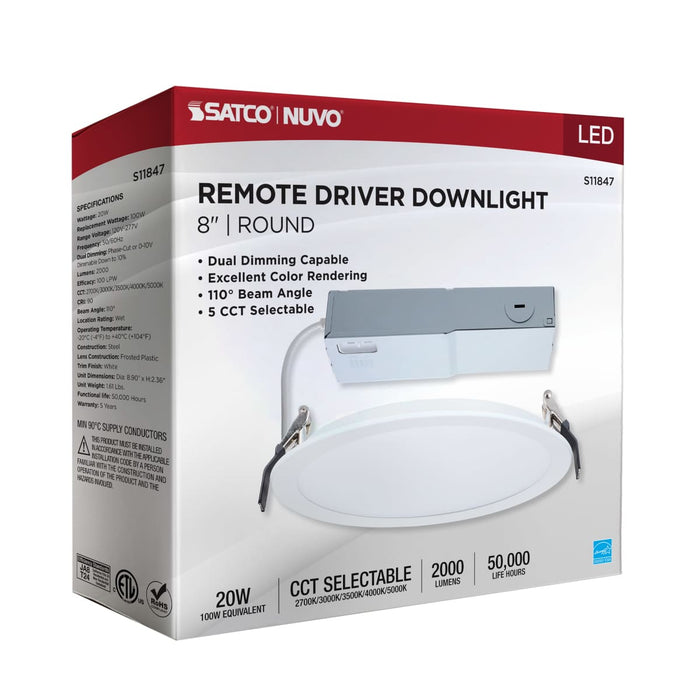 Direct Wire LED Downlight Satco S11847 20 Watt - 8 Inch LED Direct Wire Downlight - Remote Driver - CCT Selectable - Dual Dimming - Flat Face - Round - White Finish Satco