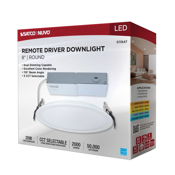 Direct Wire LED Downlight Satco S11847 20 Watt - 8 Inch LED Direct Wire Downlight - Remote Driver - CCT Selectable - Dual Dimming - Flat Face - Round - White Finish Satco