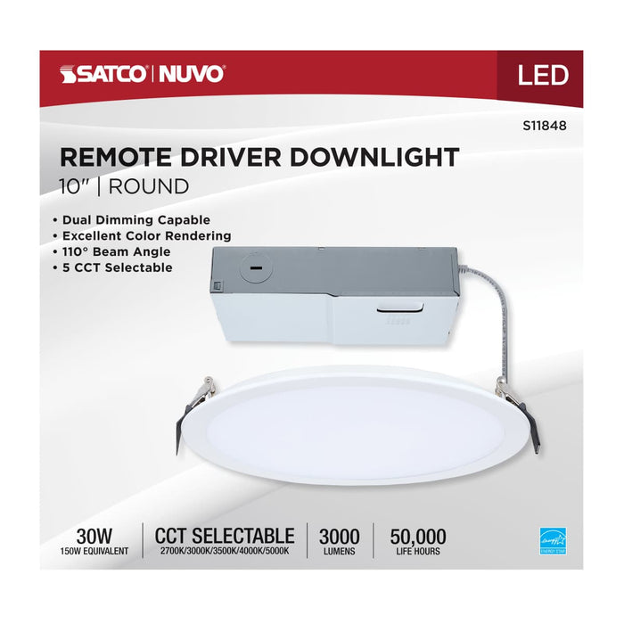 Direct Wire LED Downlight Satco S11848 30 Watt - 10 Inch LED Direct Wire Downlight - Remote Driver - CCT Selectable - Dual Dimming - Flat Face - Round - White Finish Satco