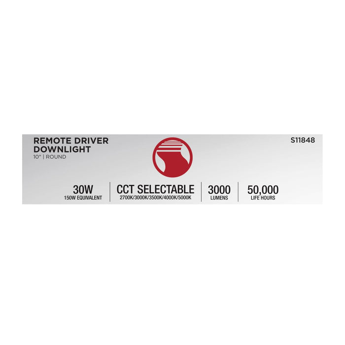 Direct Wire LED Downlight Satco S11848 30 Watt - 10 Inch LED Direct Wire Downlight - Remote Driver - CCT Selectable - Dual Dimming - Flat Face - Round - White Finish Satco