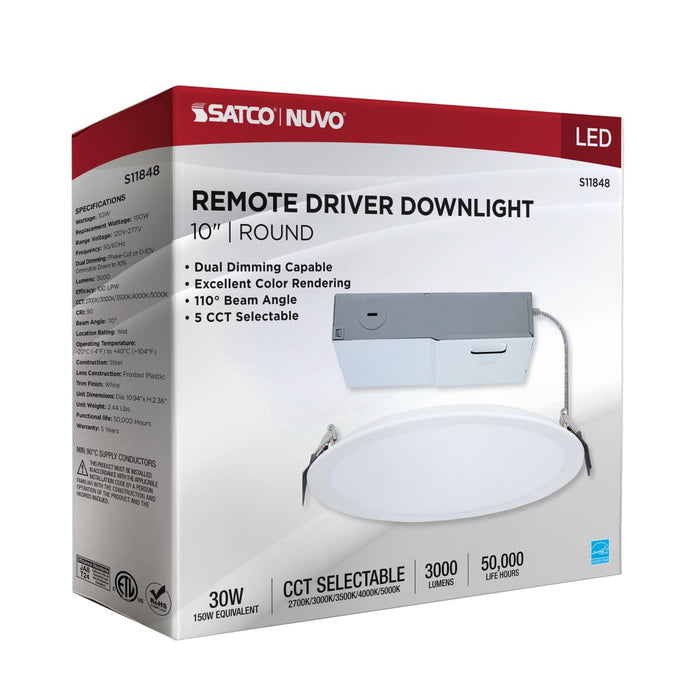 Direct Wire LED Downlight Satco S11848 30 Watt - 10 Inch LED Direct Wire Downlight - Remote Driver - CCT Selectable - Dual Dimming - Flat Face - Round - White Finish Satco