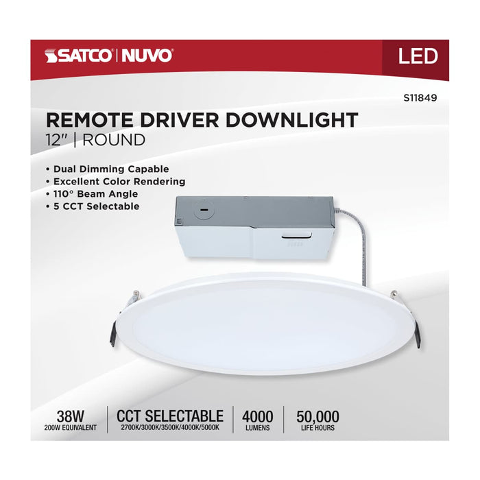 Direct Wire LED Downlight Satco S11849 38 Watt - 12 Inch LED Direct Wire Downlight - Remote Driver - CCT Selectable - Dual Dimming - Flat Face - Round - White Finish Satco