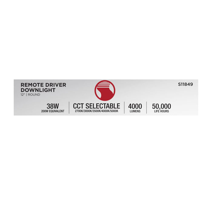 Direct Wire LED Downlight Satco S11849 38 Watt - 12 Inch LED Direct Wire Downlight - Remote Driver - CCT Selectable - Dual Dimming - Flat Face - Round - White Finish Satco