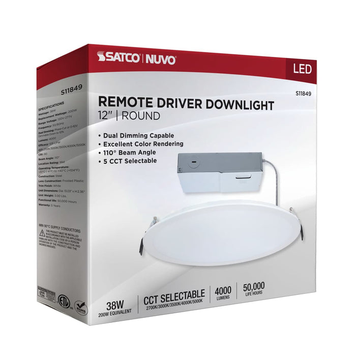 Direct Wire LED Downlight Satco S11849 38 Watt - 12 Inch LED Direct Wire Downlight - Remote Driver - CCT Selectable - Dual Dimming - Flat Face - Round - White Finish Satco