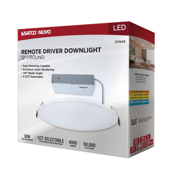 Direct Wire LED Downlight Satco S11849 38 Watt - 12 Inch LED Direct Wire Downlight - Remote Driver - CCT Selectable - Dual Dimming - Flat Face - Round - White Finish Satco