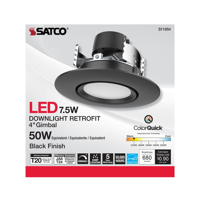 Direct Wire LED Downlight Satco S11854 7.5 Watt - LED Retrofit Downlight - Gimbaled - 120 Volt - CCT Selectable - Black Finish Satco
