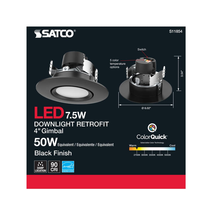 Direct Wire LED Downlight Satco S11854 7.5 Watt - LED Retrofit Downlight - Gimbaled - 120 Volt - CCT Selectable - Black Finish Satco