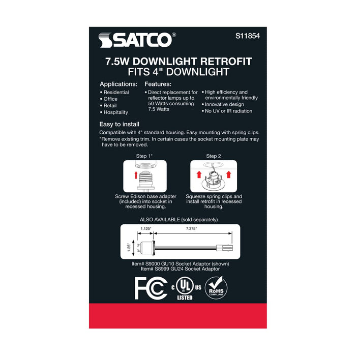 Direct Wire LED Downlight Satco S11854 7.5 Watt - LED Retrofit Downlight - Gimbaled - 120 Volt - CCT Selectable - Black Finish Satco