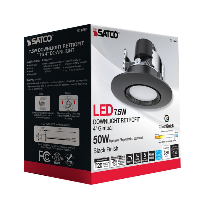 Direct Wire LED Downlight Satco S11854 7.5 Watt - LED Retrofit Downlight - Gimbaled - 120 Volt - CCT Selectable - Black Finish Satco