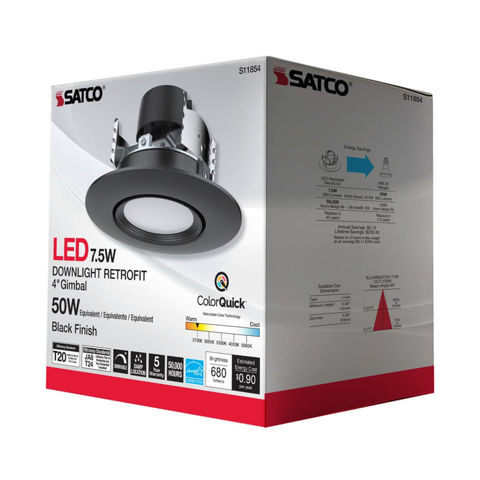 Direct Wire LED Downlight Satco S11854 7.5 Watt - LED Retrofit Downlight - Gimbaled - 120 Volt - CCT Selectable - Black Finish Satco
