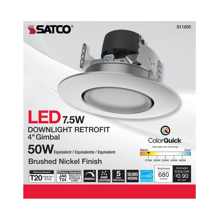 Direct Wire LED Downlight Satco S11855 7.5 Watt - LED Retrofit Downlight - Gimbaled - 120 Volt - CCT Selectable - Brushed Nickel Finish Satco