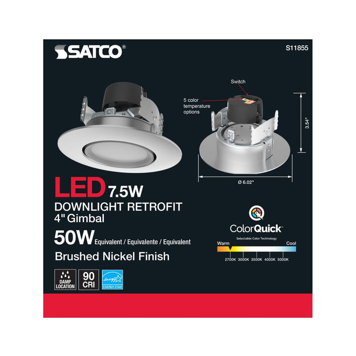 Direct Wire LED Downlight Satco S11855 7.5 Watt - LED Retrofit Downlight - Gimbaled - 120 Volt - CCT Selectable - Brushed Nickel Finish Satco
