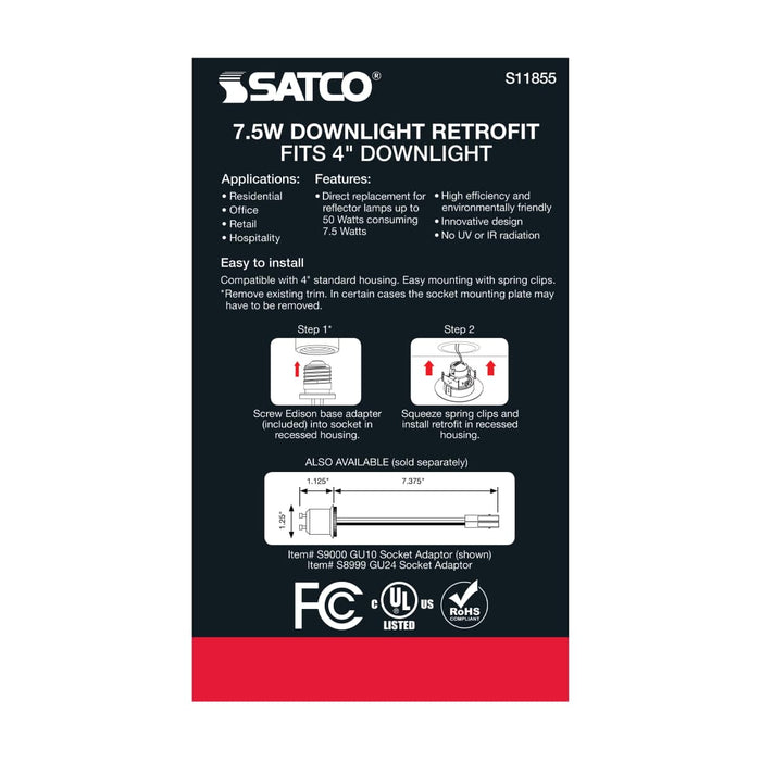Direct Wire LED Downlight Satco S11855 7.5 Watt - LED Retrofit Downlight - Gimbaled - 120 Volt - CCT Selectable - Brushed Nickel Finish Satco