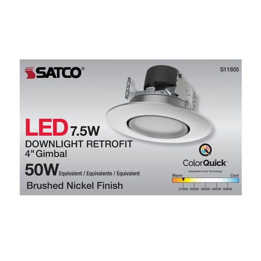 Direct Wire LED Downlight Satco S11855 7.5 Watt - LED Retrofit Downlight - Gimbaled - 120 Volt - CCT Selectable - Brushed Nickel Finish Satco