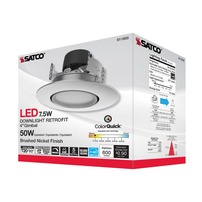 Direct Wire LED Downlight Satco S11855 7.5 Watt - LED Retrofit Downlight - Gimbaled - 120 Volt - CCT Selectable - Brushed Nickel Finish Satco