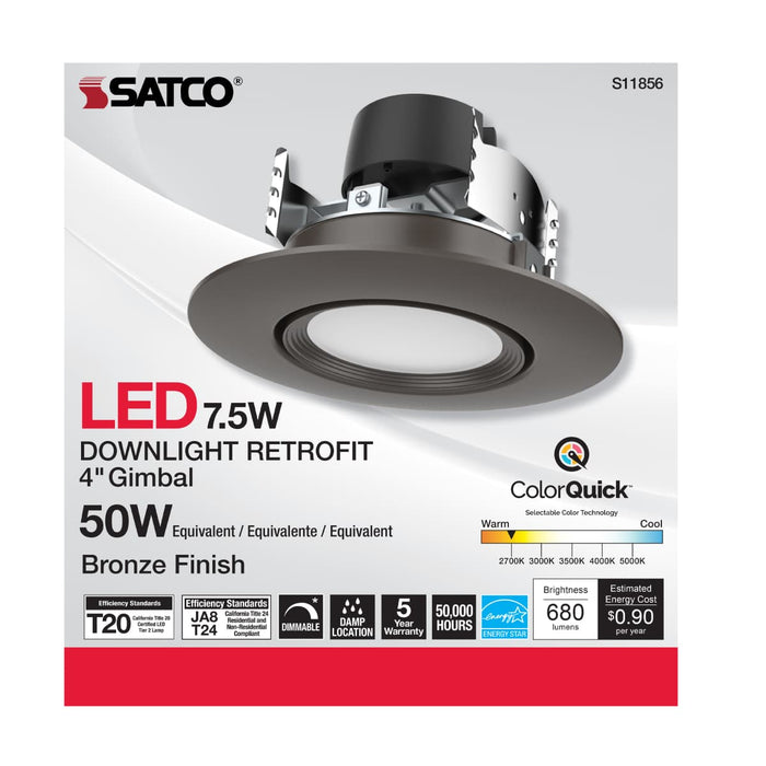 Direct Wire LED Downlight Satco S11856 7.5 Watt - LED Retrofit Downlight - Gimbaled - 120 Volt - CCT Selectable - Bronze Finish Satco