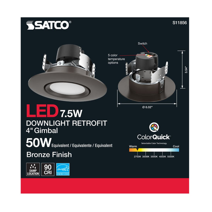 Direct Wire LED Downlight Satco S11856 7.5 Watt - LED Retrofit Downlight - Gimbaled - 120 Volt - CCT Selectable - Bronze Finish Satco
