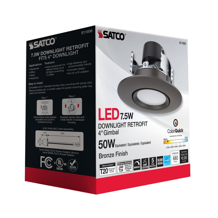 Direct Wire LED Downlight Satco S11856 7.5 Watt - LED Retrofit Downlight - Gimbaled - 120 Volt - CCT Selectable - Bronze Finish Satco