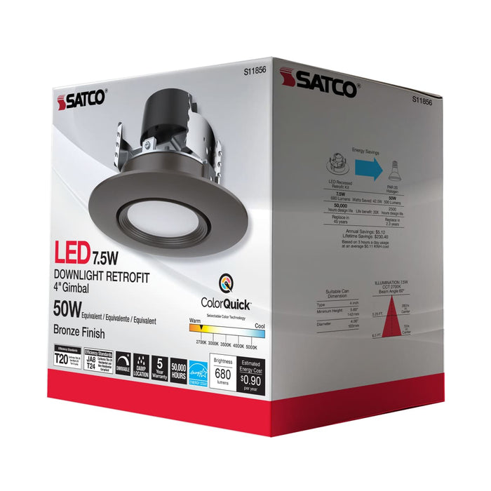 Direct Wire LED Downlight Satco S11856 7.5 Watt - LED Retrofit Downlight - Gimbaled - 120 Volt - CCT Selectable - Bronze Finish Satco