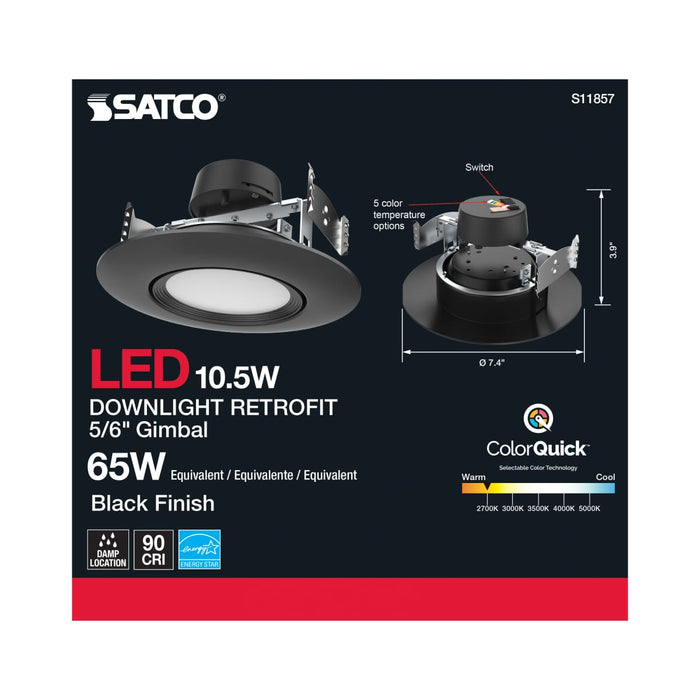 Direct Wire LED Downlight Satco S11857 10.5 Watt - LED Retrofit Downlight - Gimbaled - 120 Volt - CCT Selectable - Black Finish Satco