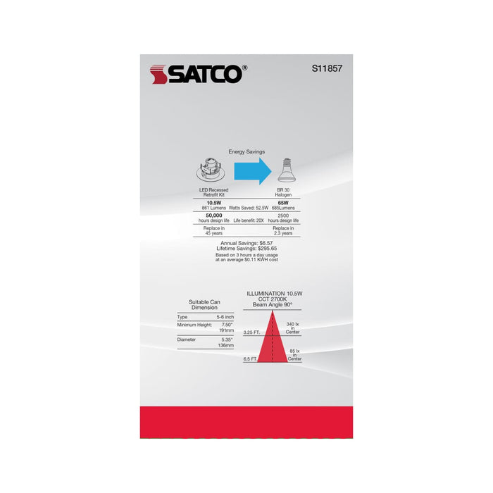 Direct Wire LED Downlight Satco S11857 10.5 Watt - LED Retrofit Downlight - Gimbaled - 120 Volt - CCT Selectable - Black Finish Satco