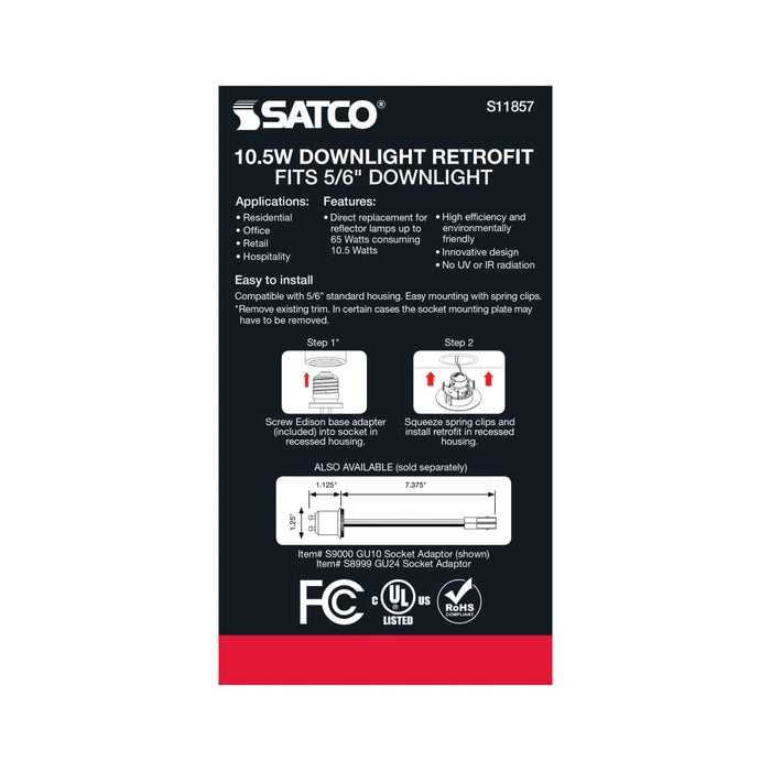 Direct Wire LED Downlight Satco S11857 10.5 Watt - LED Retrofit Downlight - Gimbaled - 120 Volt - CCT Selectable - Black Finish Satco