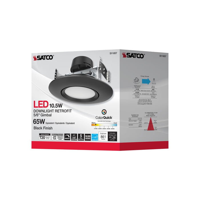 Direct Wire LED Downlight Satco S11857 10.5 Watt - LED Retrofit Downlight - Gimbaled - 120 Volt - CCT Selectable - Black Finish Satco
