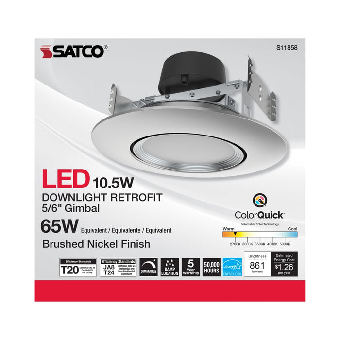 Direct Wire LED Downlight Satco S11858 10.5 Watt - LED Retrofit Downlight - Gimbaled - 120 Volt - CCT Selectable - Brushed Nickel Finish Satco