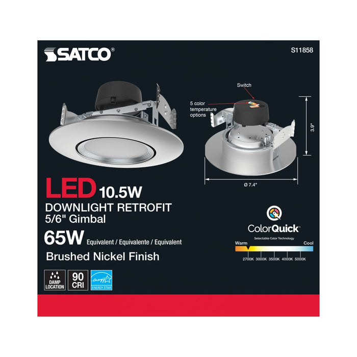 Direct Wire LED Downlight Satco S11858 10.5 Watt - LED Retrofit Downlight - Gimbaled - 120 Volt - CCT Selectable - Brushed Nickel Finish Satco