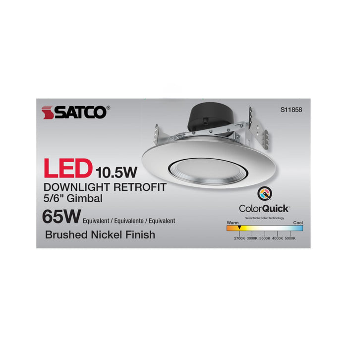 Direct Wire LED Downlight Satco S11858 10.5 Watt - LED Retrofit Downlight - Gimbaled - 120 Volt - CCT Selectable - Brushed Nickel Finish Satco