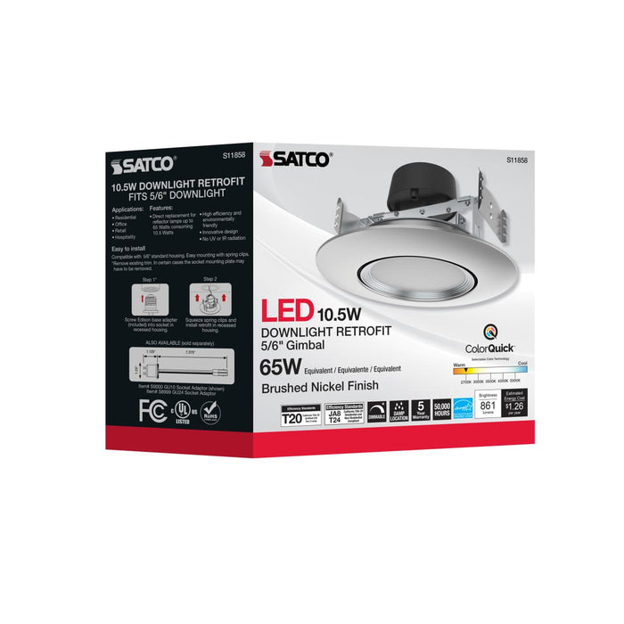 Direct Wire LED Downlight Satco S11858 10.5 Watt - LED Retrofit Downlight - Gimbaled - 120 Volt - CCT Selectable - Brushed Nickel Finish Satco