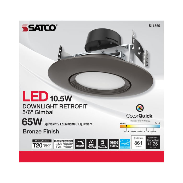 Direct Wire LED Downlight Satco S11859 10.5 Watt - LED Retrofit Downlight - Gimbaled - 120 Volt - CCT Selectable - Bronze Finish Satco