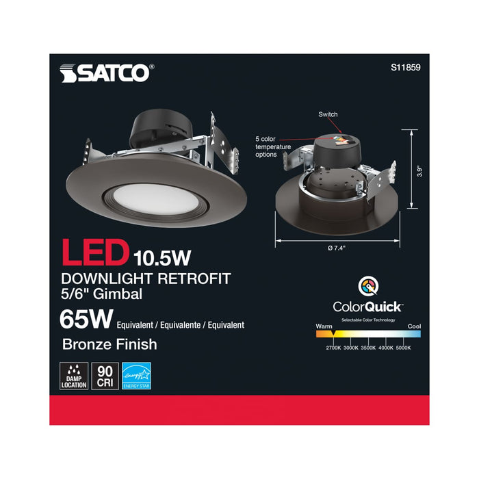 Direct Wire LED Downlight Satco S11859 10.5 Watt - LED Retrofit Downlight - Gimbaled - 120 Volt - CCT Selectable - Bronze Finish Satco