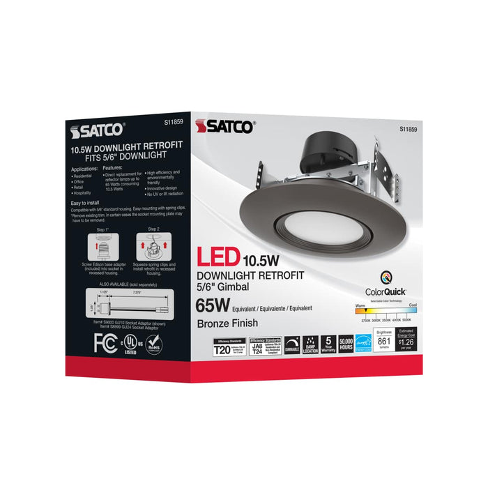 Direct Wire LED Downlight Satco S11859 10.5 Watt - LED Retrofit Downlight - Gimbaled - 120 Volt - CCT Selectable - Bronze Finish Satco
