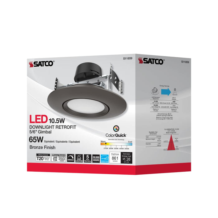Direct Wire LED Downlight Satco S11859 10.5 Watt - LED Retrofit Downlight - Gimbaled - 120 Volt - CCT Selectable - Bronze Finish Satco