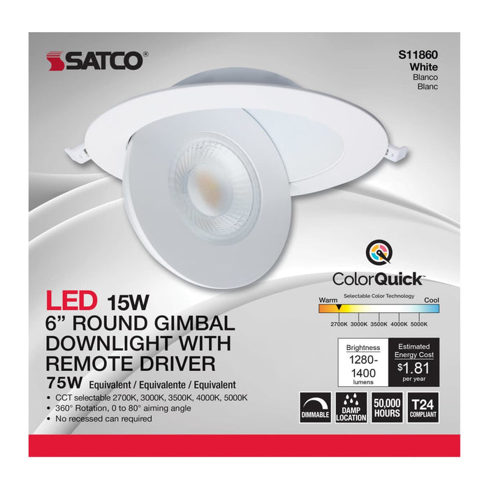 Remote Driver LED Downlight Satco S11860 15 Watt - CCT Selectable - LED Direct Wire Downlight - Gimbaled - 6 Inch Round - Remote Driver - White Satco