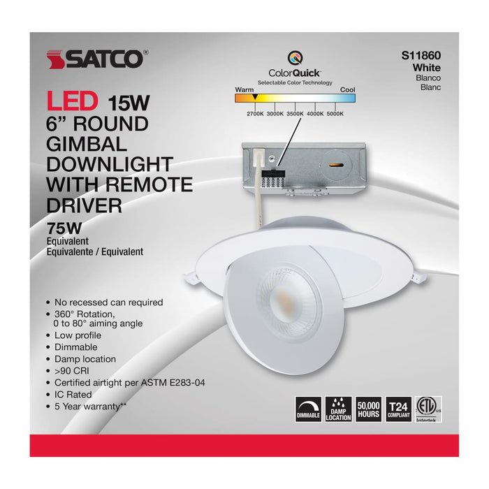 Remote Driver LED Downlight Satco S11860 15 Watt - CCT Selectable - LED Direct Wire Downlight - Gimbaled - 6 Inch Round - Remote Driver - White Satco