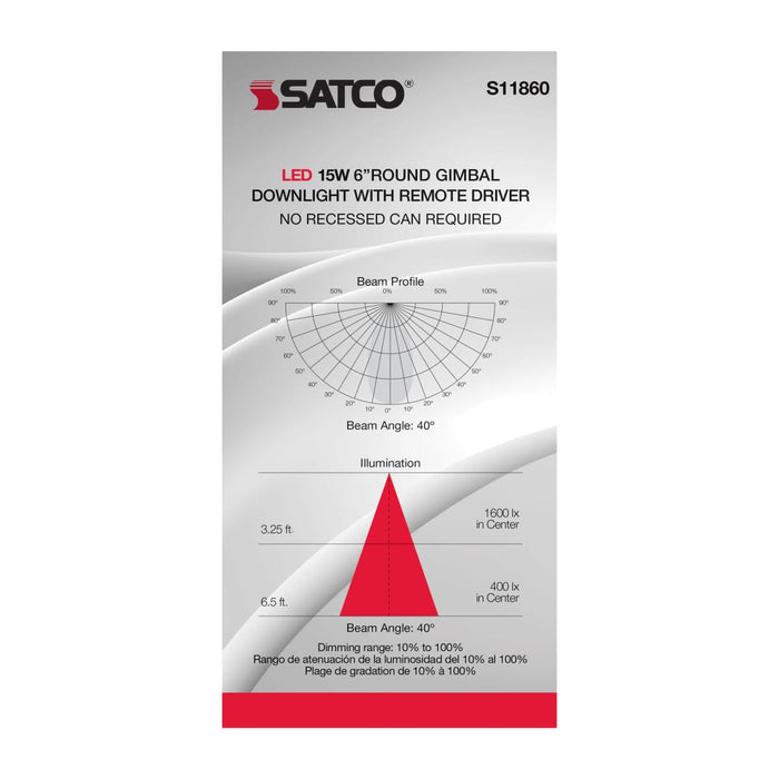 Remote Driver LED Downlight Satco S11860 15 Watt - CCT Selectable - LED Direct Wire Downlight - Gimbaled - 6 Inch Round - Remote Driver - White Satco