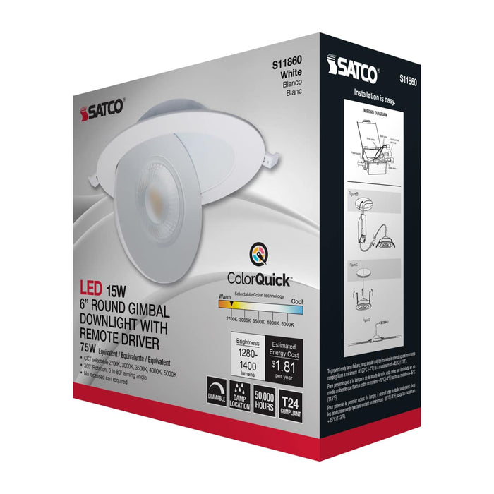 Remote Driver LED Downlight Satco S11860 15 Watt - CCT Selectable - LED Direct Wire Downlight - Gimbaled - 6 Inch Round - Remote Driver - White Satco