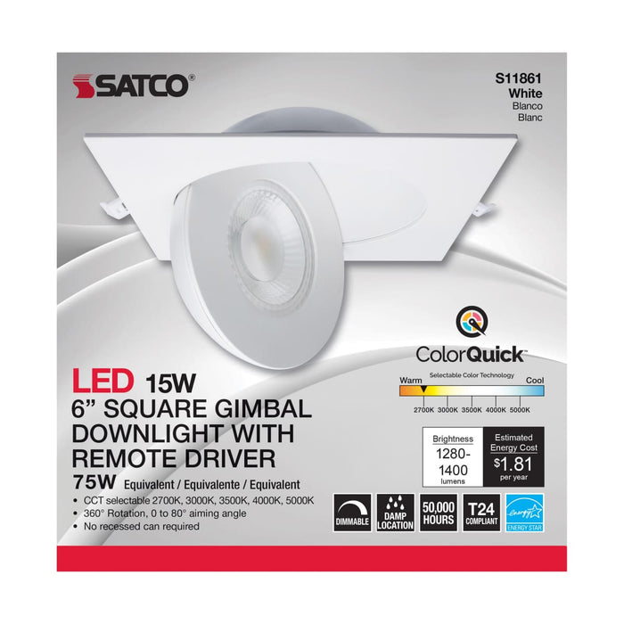 Remote Driver LED Downlight Satco S11861 15 Watt - CCT Selectable - LED Direct Wire Downlight - Gimbaled - 6 Inch Square - Remote Driver - White Satco