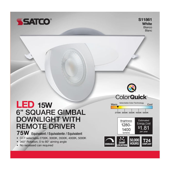 Remote Driver LED Downlight Satco S11861 15 Watt - CCT Selectable - LED Direct Wire Downlight - Gimbaled - 6 Inch Square - Remote Driver - White Satco