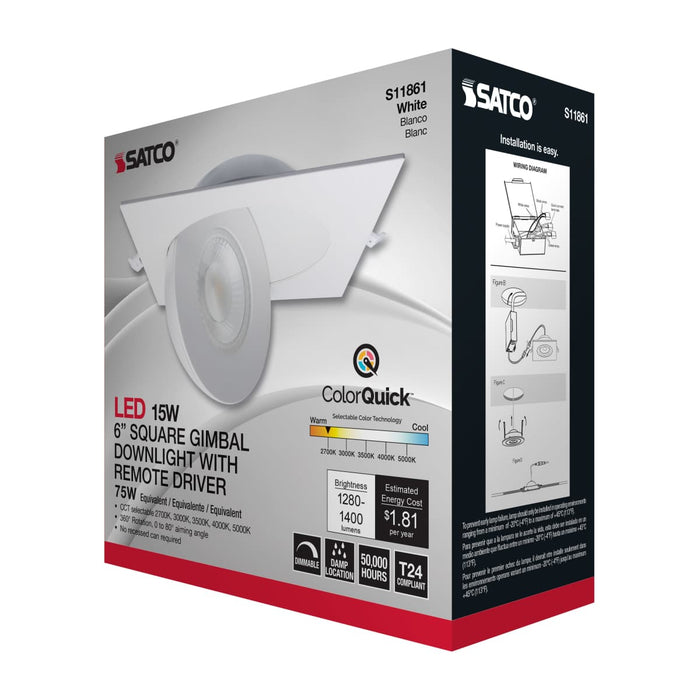 Remote Driver LED Downlight Satco S11861 15 Watt - CCT Selectable - LED Direct Wire Downlight - Gimbaled - 6 Inch Square - Remote Driver - White Satco